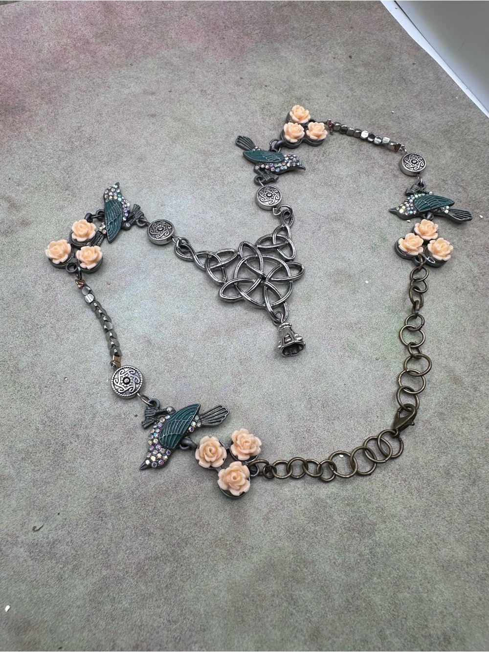 Vintage-Inspired Green Hummingbird & Peach Rose Necklace